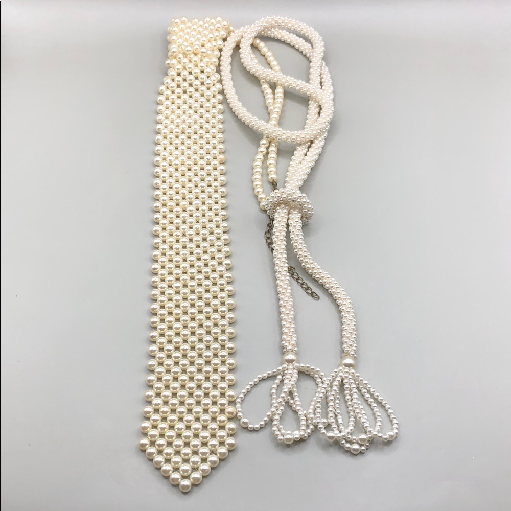 Faux pearl long tie necklace + lariat long adjustable vintage curated bundle